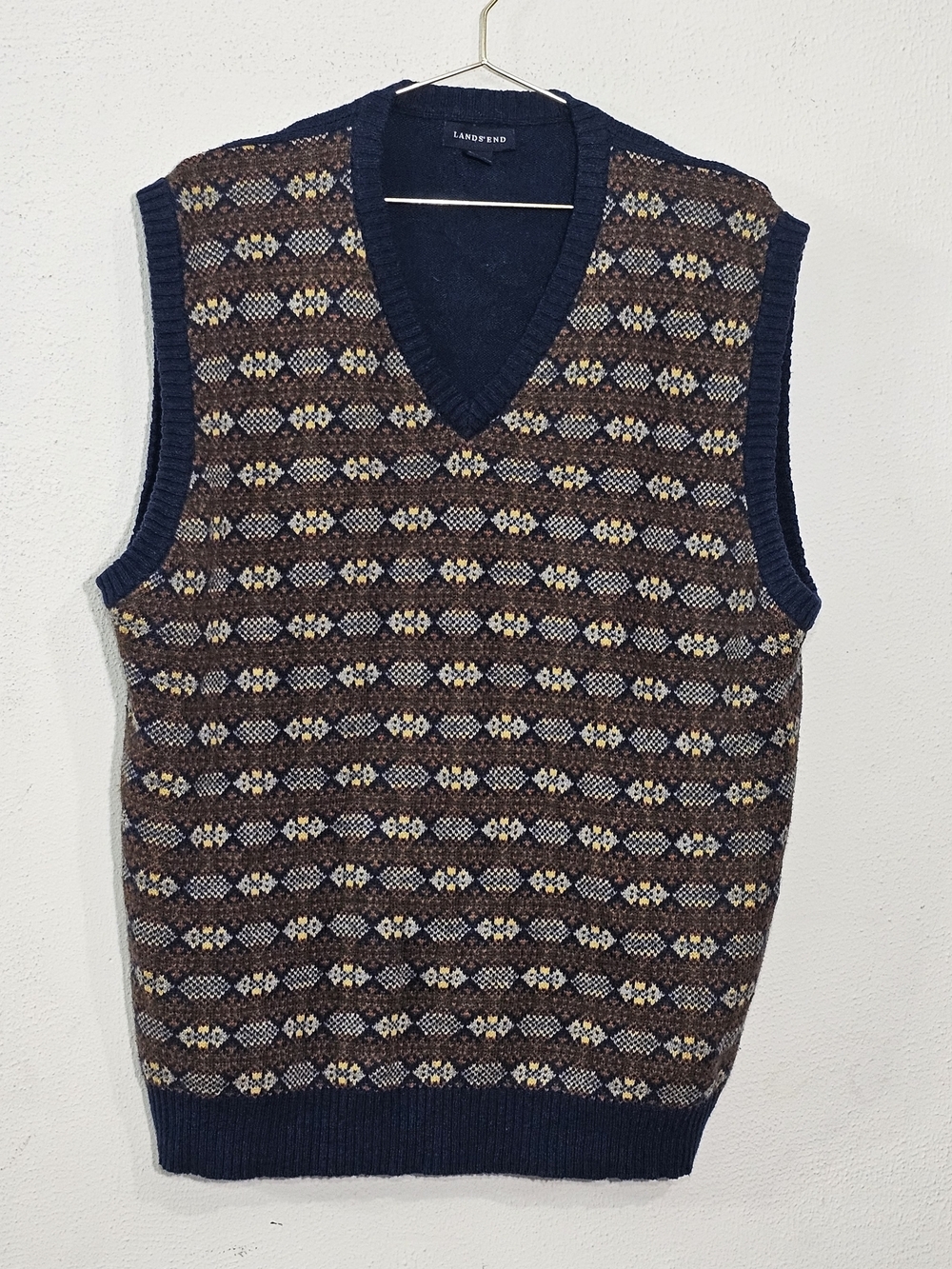 Lands' End Men's V-Neck Sweater Vest in Navy, Brown and Cream - Picture 2 of 7
